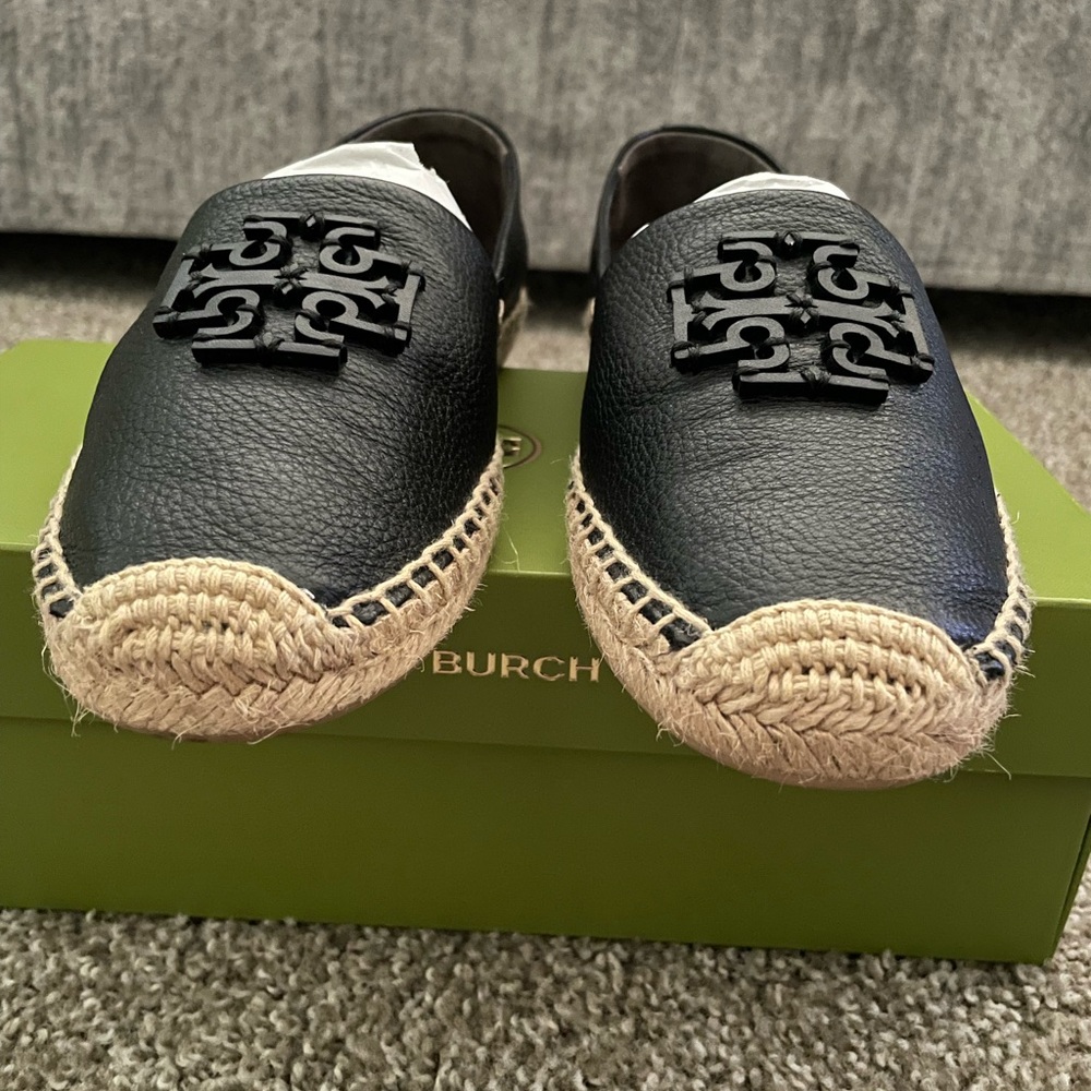 Tory Burch Black Leather Espadrille Flats with Jute Trim